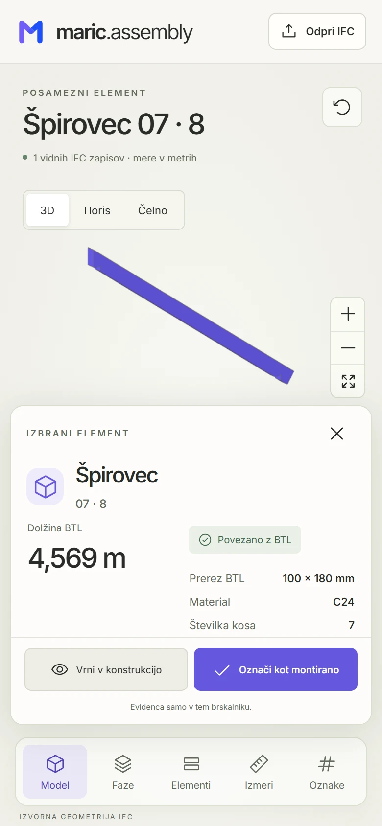 Pogled na posamezni špirovec s podatki