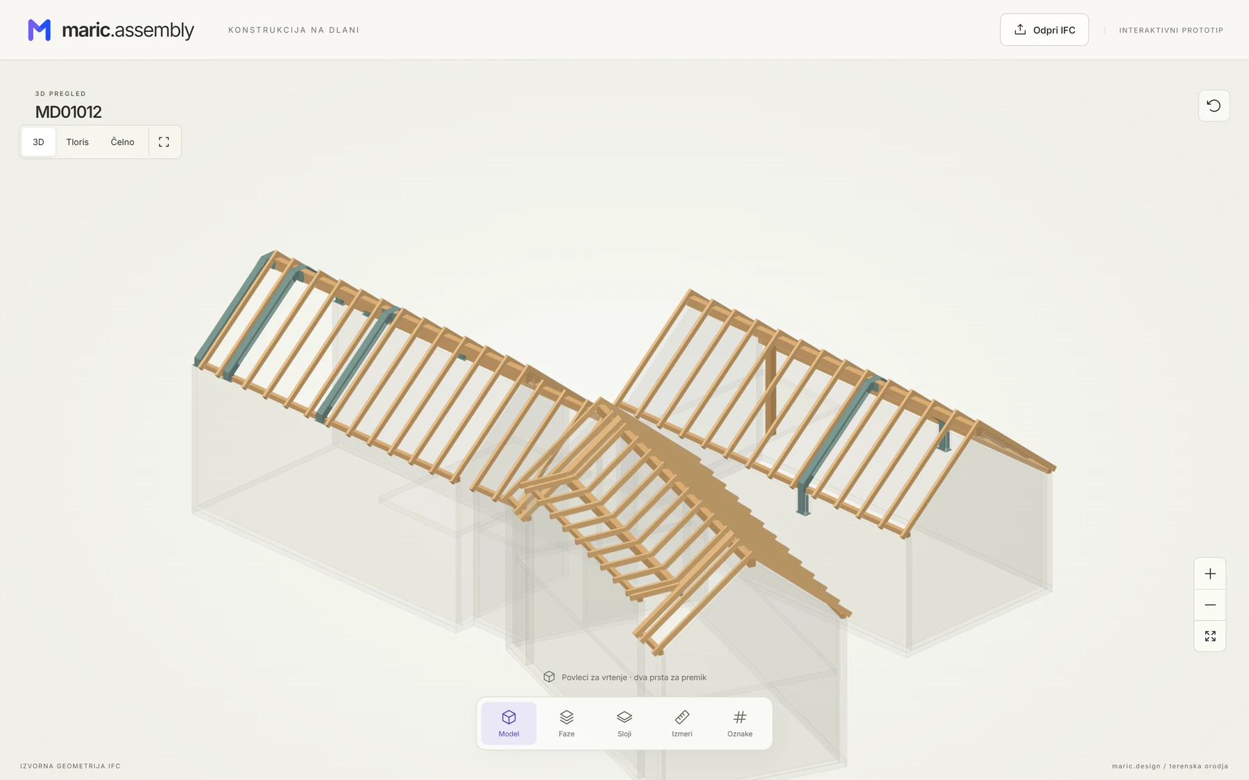 Dejanski model lesene konstrukcije v namiznem prikazu maric.assembly