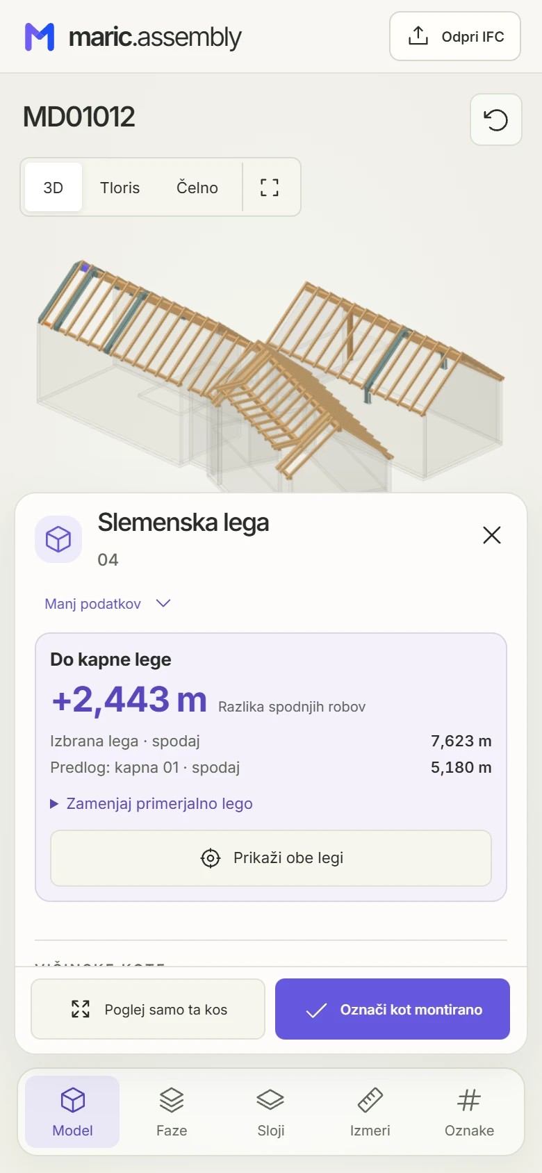 Primerjava spodnjega roba slemenske in kapne lege v dejanskem modelu