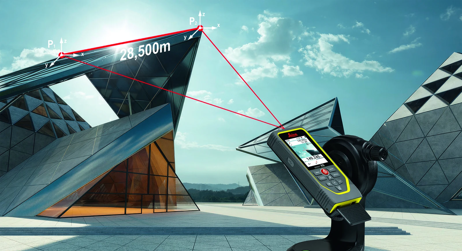 Leicin promocijski prikaz P2P: DISTO X6 z adapterjem meri dve točki na stavbi; povezave in vrednost ponazarjajo princip