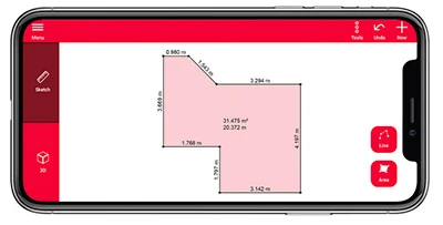 Uradni zaslonski prikaz aplikacije Leica DISTO Plan s tlorisom in merami