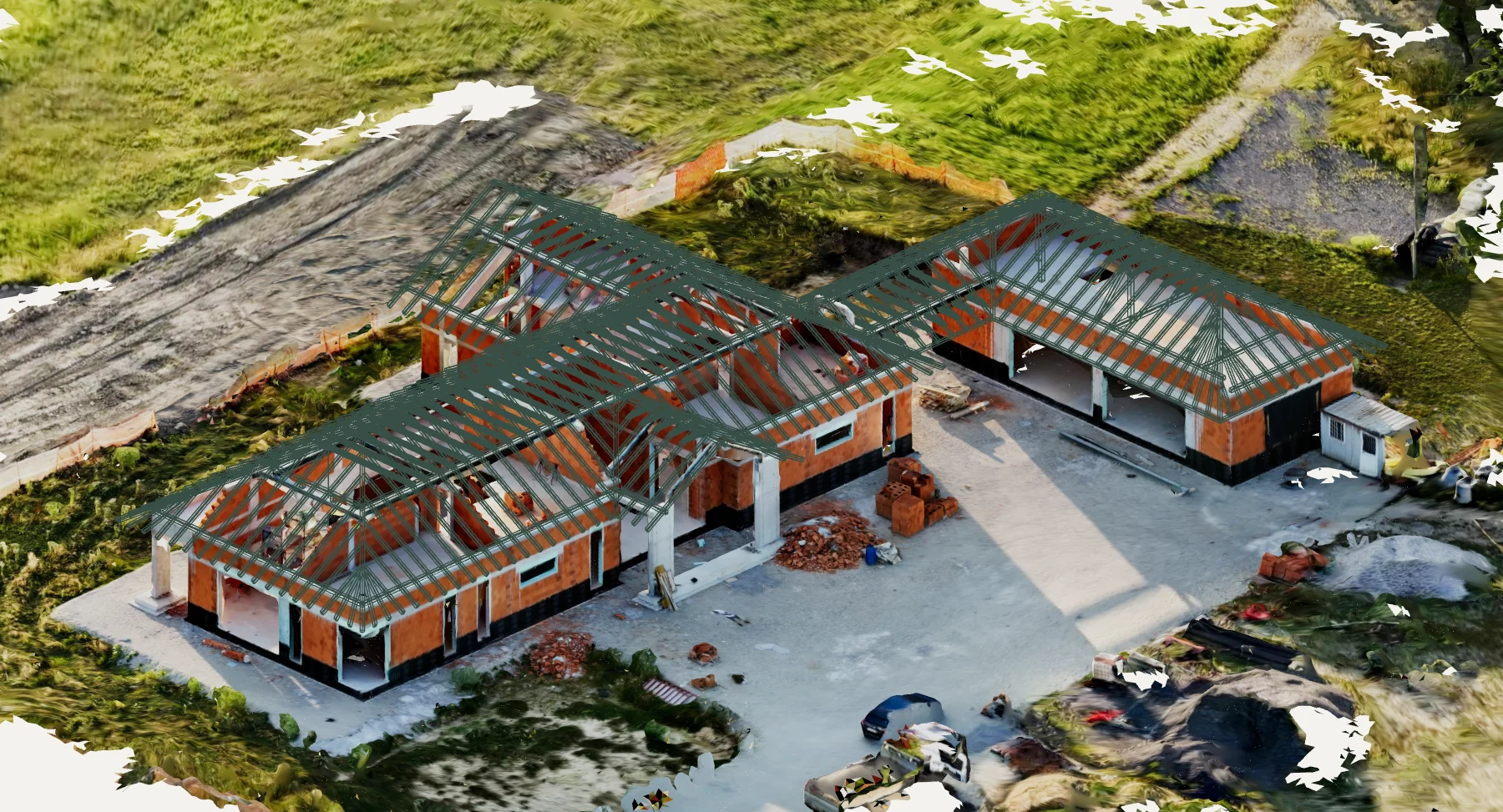 Fotogrametrični 3D posnetek objekta s pravilno umeščenim črtnim modelom razvejanega ostrešja