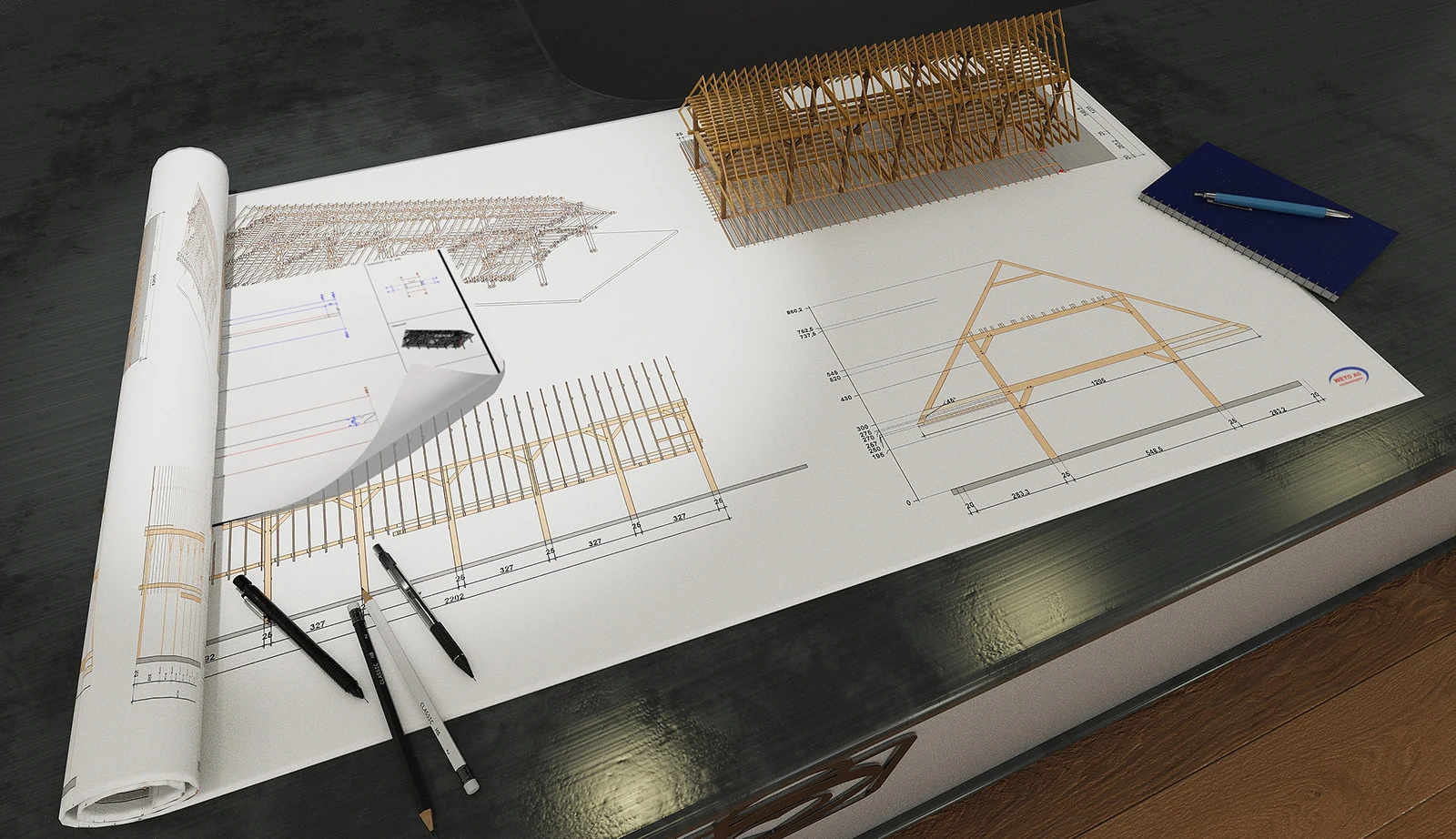 Uradna WETO ilustracija povezave 3D konstrukcije, delavniških načrtov in sestavnih pogledov